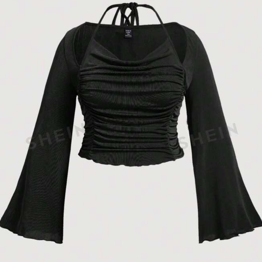 Trumpet Sleeve Ruched Tie Lettuce Trim Crop Tee